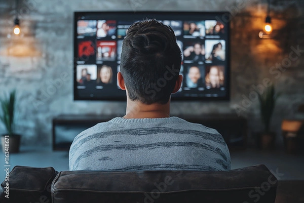 Fototapeta A man is sitting on a couch in front of a television. Generative Ai.