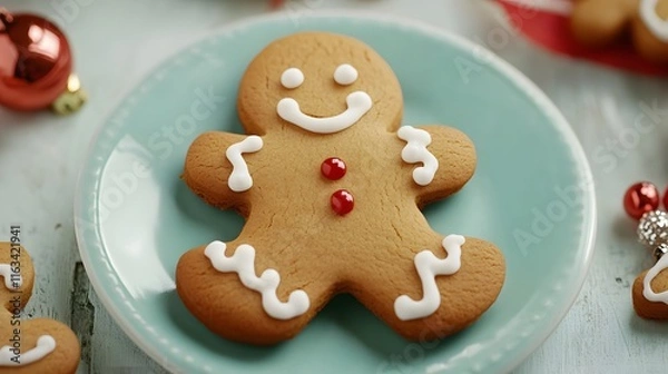 Fototapeta A smiling gingerbread man cookie on a plate
