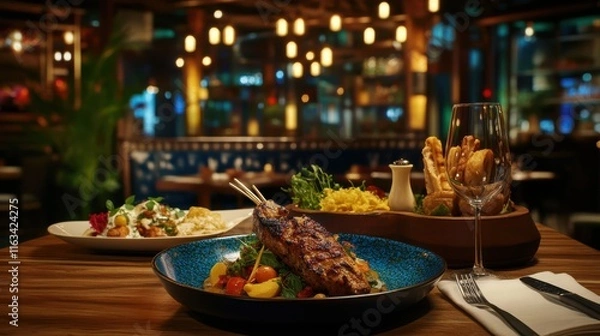 Fototapeta Elegant dining experience with beautifully plated grilled meat and fresh vegetables, showcasing a vibrant restaurant ambiance and gourmet dishes in the background.