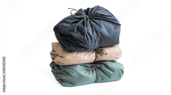 Fototapeta Three neatly stacked sleeping bags with different colors, isolated on a white background.