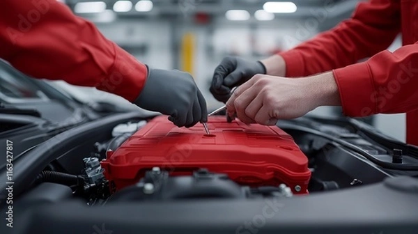 Obraz Two mechanics are working on a red engine