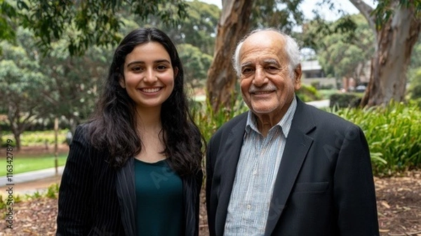 Fototapeta A young woman smiles warmly, with an older man in the background. AI.