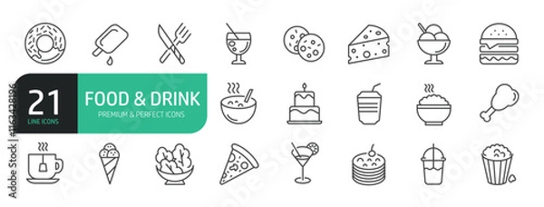 Fototapeta Food And Drink Line Icon Set. The set contains icons  Pizza, Burger, Cookies, Ice Cream, Vegetarian Food, Cheese,  Juice, Tea,  Dessert.
