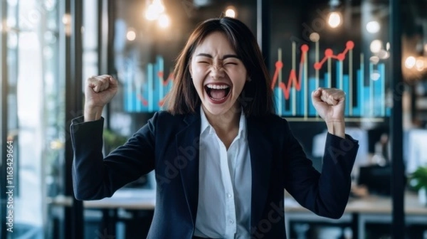 Fototapeta A woman in a business suit is celebrating with her hands in the air. Generative AI