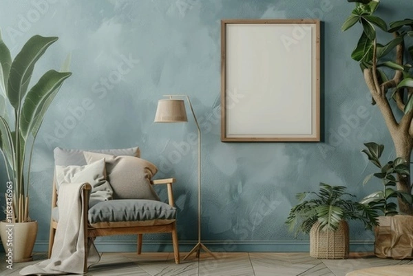 Fototapeta Frame mockup in interior. Cozy interior with empty poster frame.