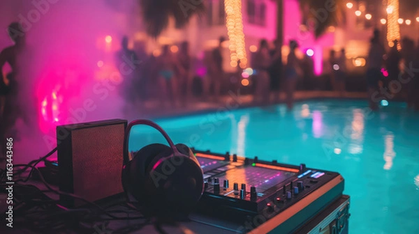 Fototapeta A DJ set up with a speaker and headphones next to a pool