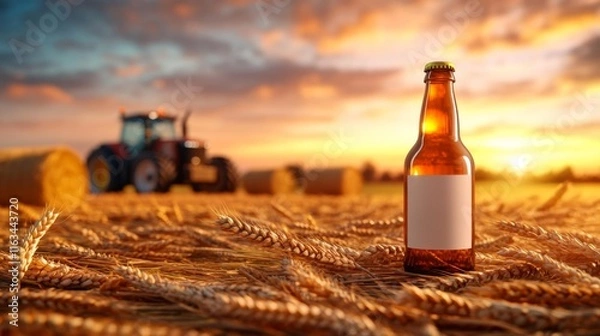 Fototapeta Beer Bottle Mockup in Harvest Wheat Field. Generative AI