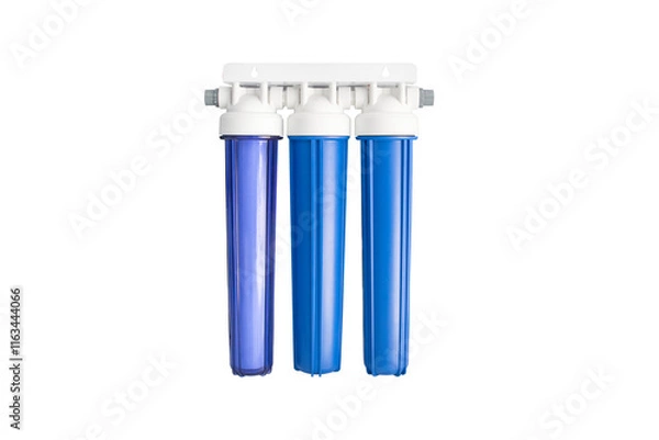 Obraz Set three of cartridges for water filter with clear glass of water. Concept of water treatment technology. filter cartridges to domestic water treatment systems