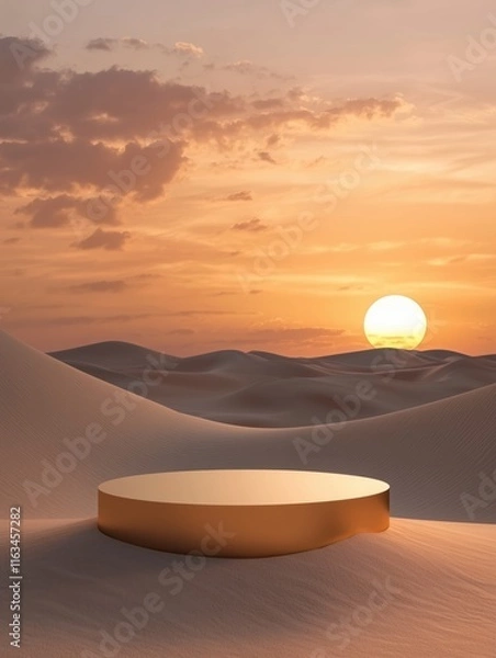 Fototapeta Round podium on desert sand dune in sunset twilight time