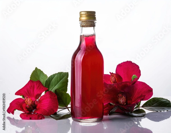 Fototapeta nuture Hibiscus shampo bottle in the white background studio shot