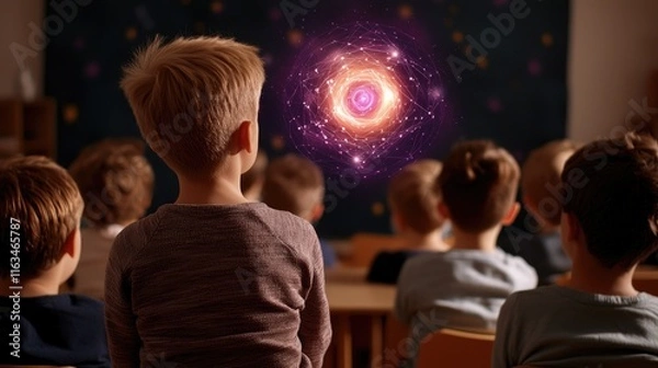 Fototapeta Children engaged in interactive science lesson classroom educational content indoor perspective cosmic exploration