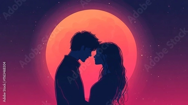Fototapeta Minimalist hand-drawn 2d japanese anime illustration of a lofi couple in love under moonlight, night passion scene with seamless 4k loop background