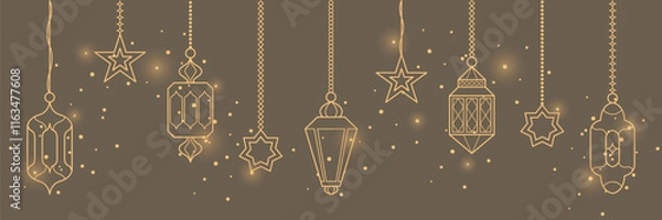 Obraz Islamic Ramadan lanterns and lamps set. Middle East antique kerosene hanging light underline or border. Arabian lamp lantern decorations for Ramadan Kareem and Eid Mubarak greetings.