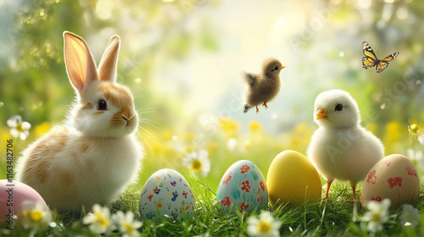 Fototapeta Easter bunnies and chicks with eggs, vector religion holiday. Easter rabbits and chickens with painted eggs on spring field with green grass blades, crocus and lily flowers, butterflies, swallow birds