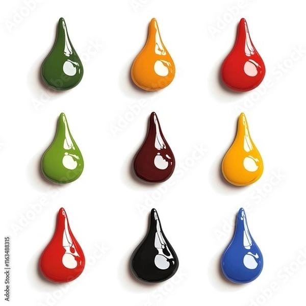 Fototapeta A vibrant collection of paint drops in various colors, including red, orange, yellow, green, brown, black, and blue, displayed against a clean white background.