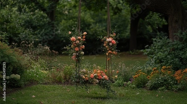 Fototapeta Floral Swing Surrounded by Lush Greenery in Tranquil Garden Setting