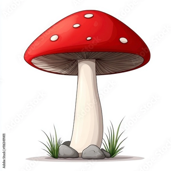 Obraz A whimsical, cartoon-style illustration of a vibrant red mushroom standing tall among green grass, pebbles, and white spots on its cap.