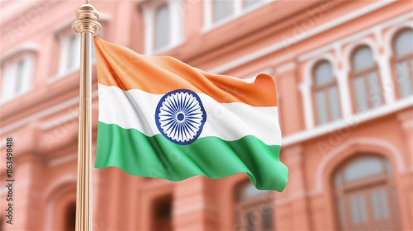 Fototapeta Indian national flag waving in front of a historic red building under a clear blue sky, symbolizing pride, patriotism, and cultural heritage.