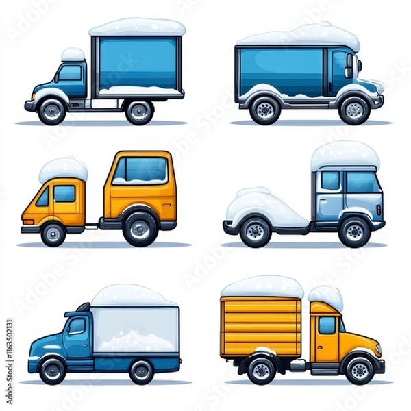 Obraz A collection of cartoon-style snow-covered delivery trucks showcasing various shapes and colors in a whimsical winter setting