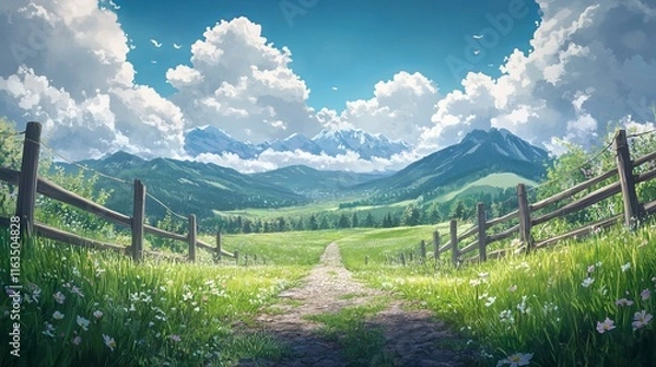 Fototapeta Anime spring meadow animation with easter theme, green pastures, and fluffy clouds