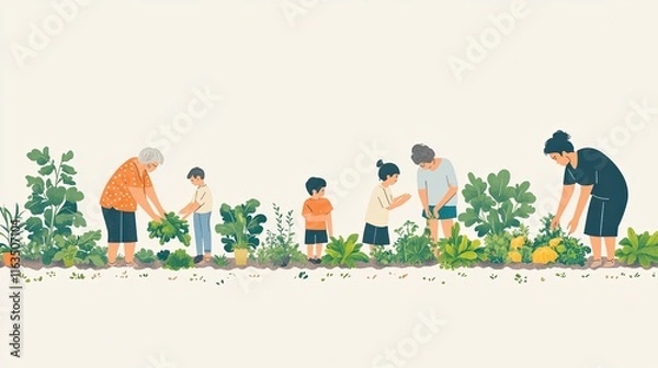 Fototapeta Unity Across Generations, Generations in Harmony: A Minimalist Gardening Scene