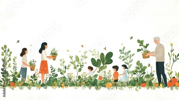 Fototapeta Unity Across Generations, Generations Caring for Nature in Minimalist Style