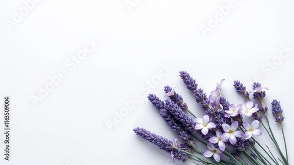 Fototapeta A serene arrangement of lavender and delicate purple flowers on a white background