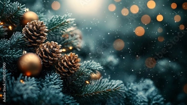 Fototapeta Enchanting Winter Wonderland Close-up of Festive Pine Cones and Ornaments on a Snowy Christmas Tree