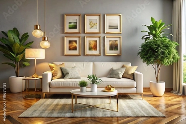 Fototapeta Sleek white sofa, gold accents, modern living room. AI-generated image.