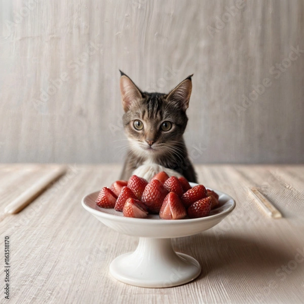 Fototapeta Cute kitten with fresh strawberries on a plate