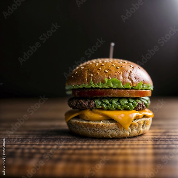 Fototapeta Big hamburger with huge ham piece and a lot of cheese