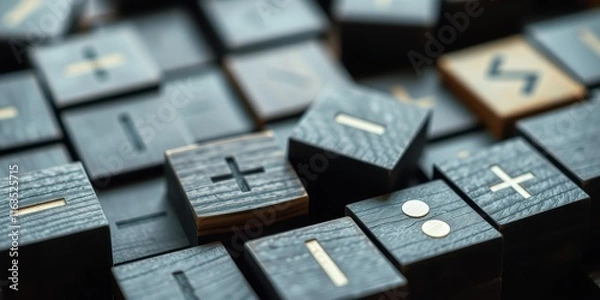 Fototapeta Close-up view of dark wooden blocks with incised symbols, showcasing a collection of mathematical and symbolic signs.