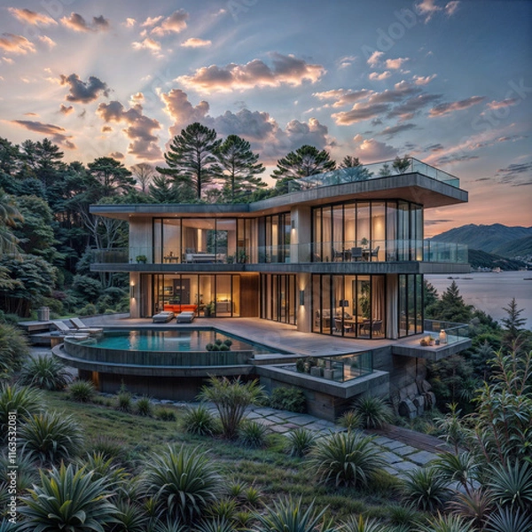 Fototapeta The image showcases a luxurious modern house with large glass windows, set against a serene lakeside backdrop during sunset. The house features an infinity pool, lush greenery, and a warm, inviting in