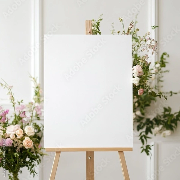 Fototapeta Close-up of a white welcome sign on a white easel. presentation of a wedding.