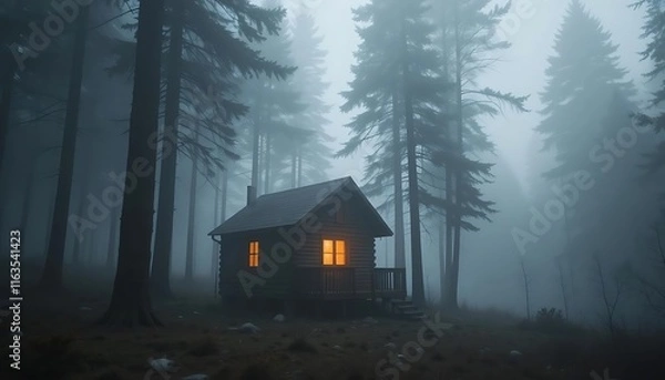 Fototapeta Mysterious Cabin in a Foggy Forest