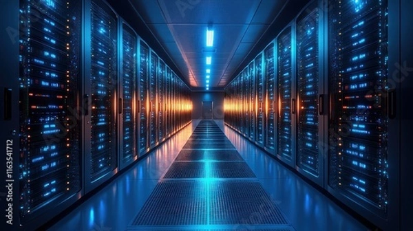 Fototapeta Long corridor of lit-up server racks in a modern data center.