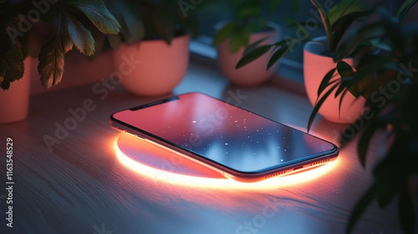 Fototapeta A charging smartphone resting on a wireless charging pad, surrounded by minimalist decor, soft lighting, clean and professional, photorealistic