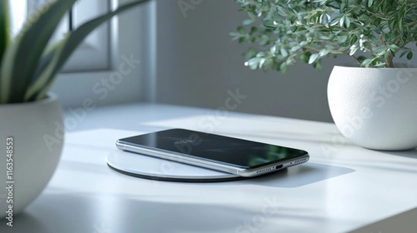 Fototapeta A charging smartphone resting on a wireless charging pad, surrounded by minimalist decor, soft lighting, clean and professional, photorealistic