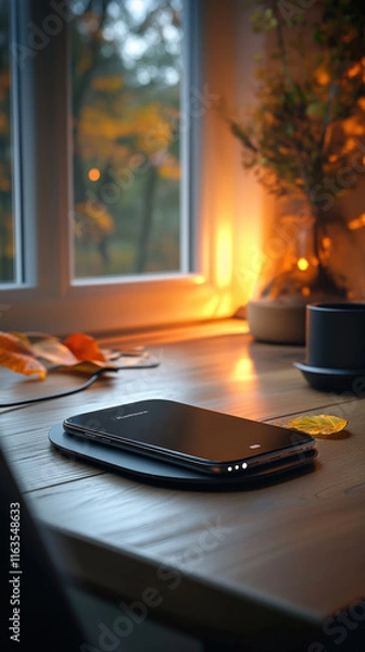 Fototapeta A charging smartphone resting on a wireless charging pad, surrounded by minimalist decor, soft lighting, clean and professional, photorealistic