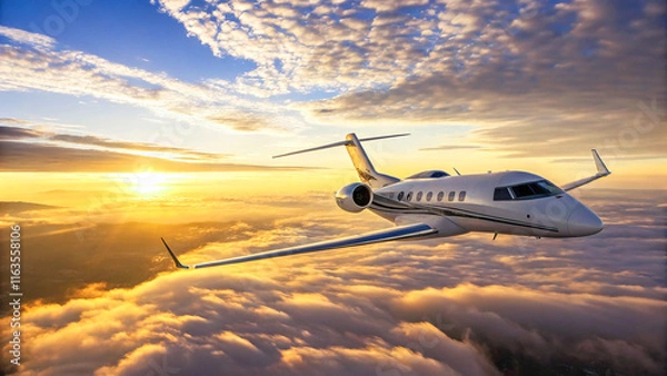 Fototapeta private luxury jet soared gracefully through vibrant morning sky with wide-angle view of sun-kissed clouds below, offering a panoramic view of world awakening to a new day sunrise