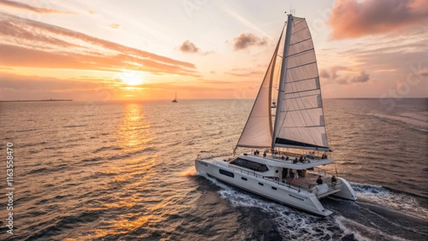 Fototapeta wide-angle sleek catamaran motor yacht gracefully slicing through sparkling ocean, its white sails billowing in gentle breeze as sun began to set on a balmy summer evening