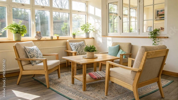 Fototapeta A bright, airy meeting room with light wooden furnishings and a cozy corner, providing a warm and inviting space for discussions and collaboration