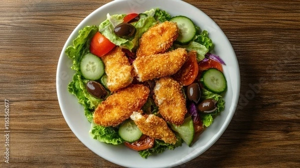 Fototapeta Plate of fried breaded cheese salad with fresh tomato, olive, cucumber, and lettuce on a wooden table. Vertical top view.