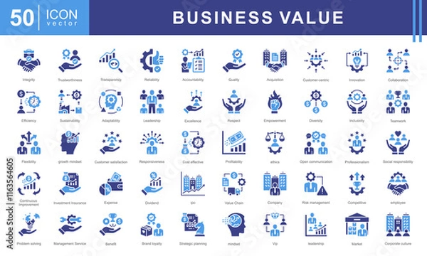 Fototapeta Business Value theme icon set visually represents the core principles of creating, delivering, and measuring value in a business context. Designed with a sleek and professional aesthetic.