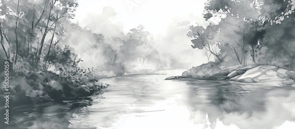 Fototapeta Misty River Valley Landscape.