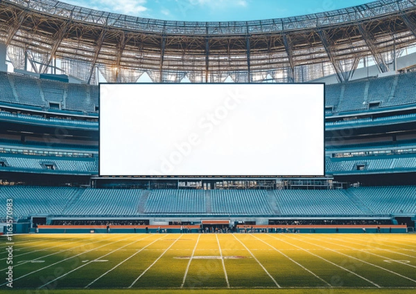 Fototapeta Mock up of a blank billboard on a stadium scoreboard during a sports event. Promotion information for marketing announcements and details