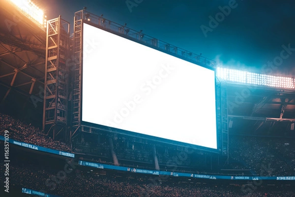 Fototapeta Mock up of a blank billboard on a stadium scoreboard during a sports event. Promotion information for marketing announcements and details