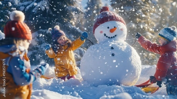 Fototapeta Children Playing in Snow, Building a Snowman, Joyful Winter Fun Moments in a Magical Snowy Landscape