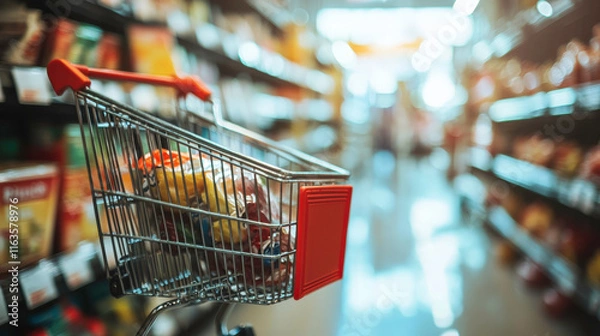 Fototapeta Shopping Cart Filled with Groceries in a Brightly Lit Supermarket Aisle, Blurry Background of Products and Shelves, Consumer Lifestyle Concept