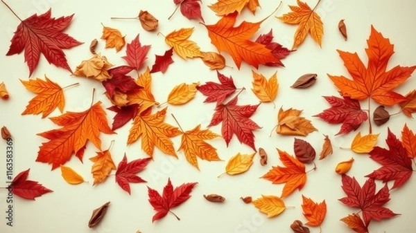 Fototapeta Autumnal foliage scattered on a light background, showcasing vibrant red and orange leaves in a natural arrangement.